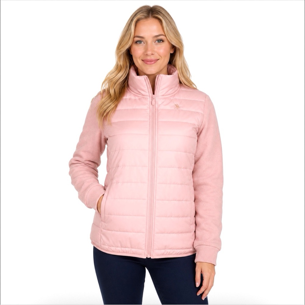 U.S. POLO ASSN Pink Hybrid Puffer Jacket With Knit Sleeves Size Medium